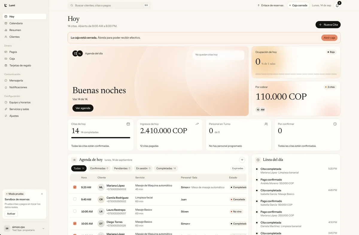 Panel de Lumi: la vista Hoy con las citas, ingresos y la agenda del día